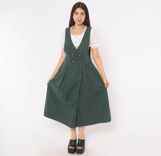 90s J.G. Hook Forest Green Midi Jumper Dress Cotton Polka Dot Small