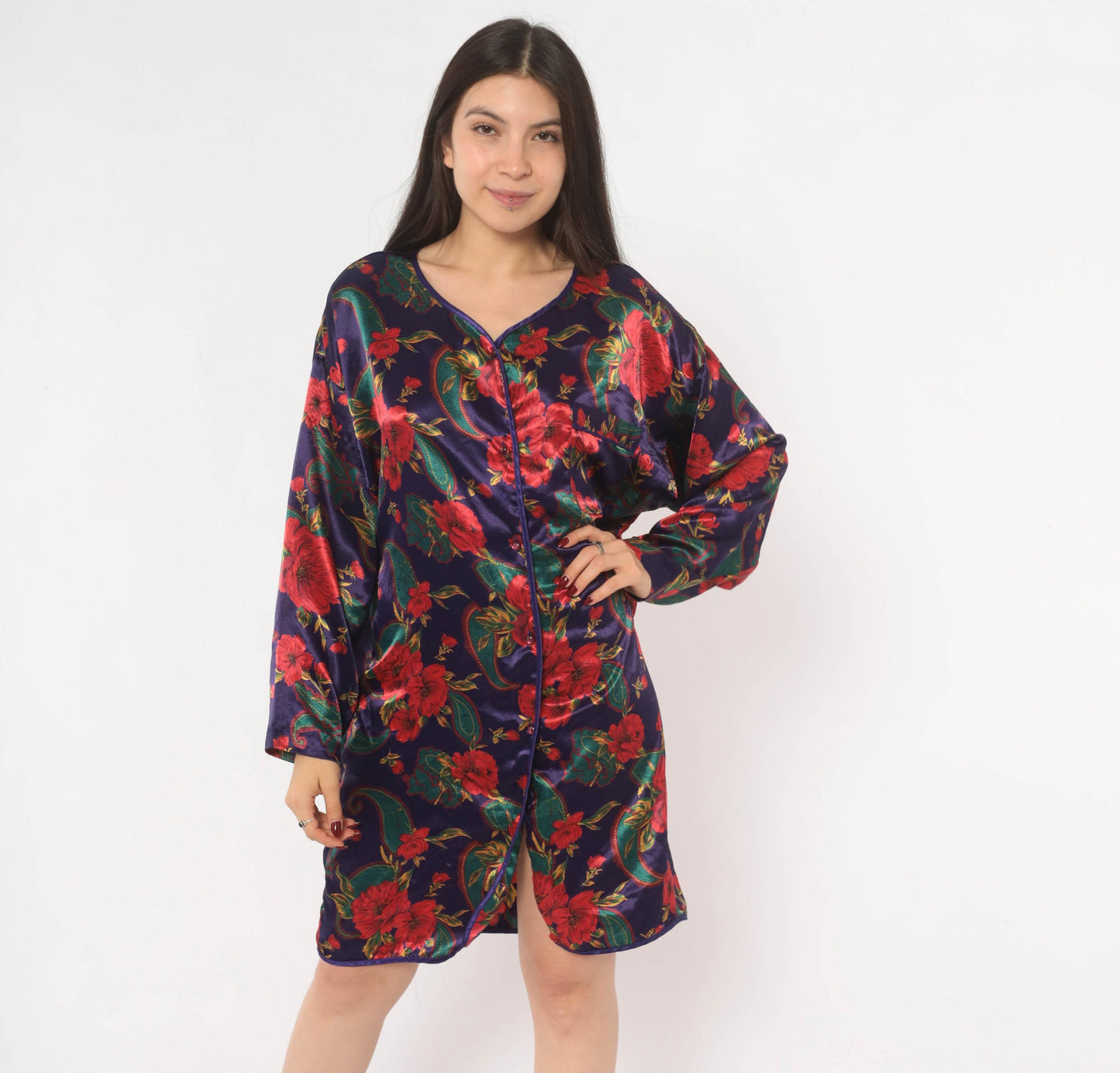 90s Satin and Beaux Floral Paisley Nightshirt Purple Red Teal Knee-Length Small