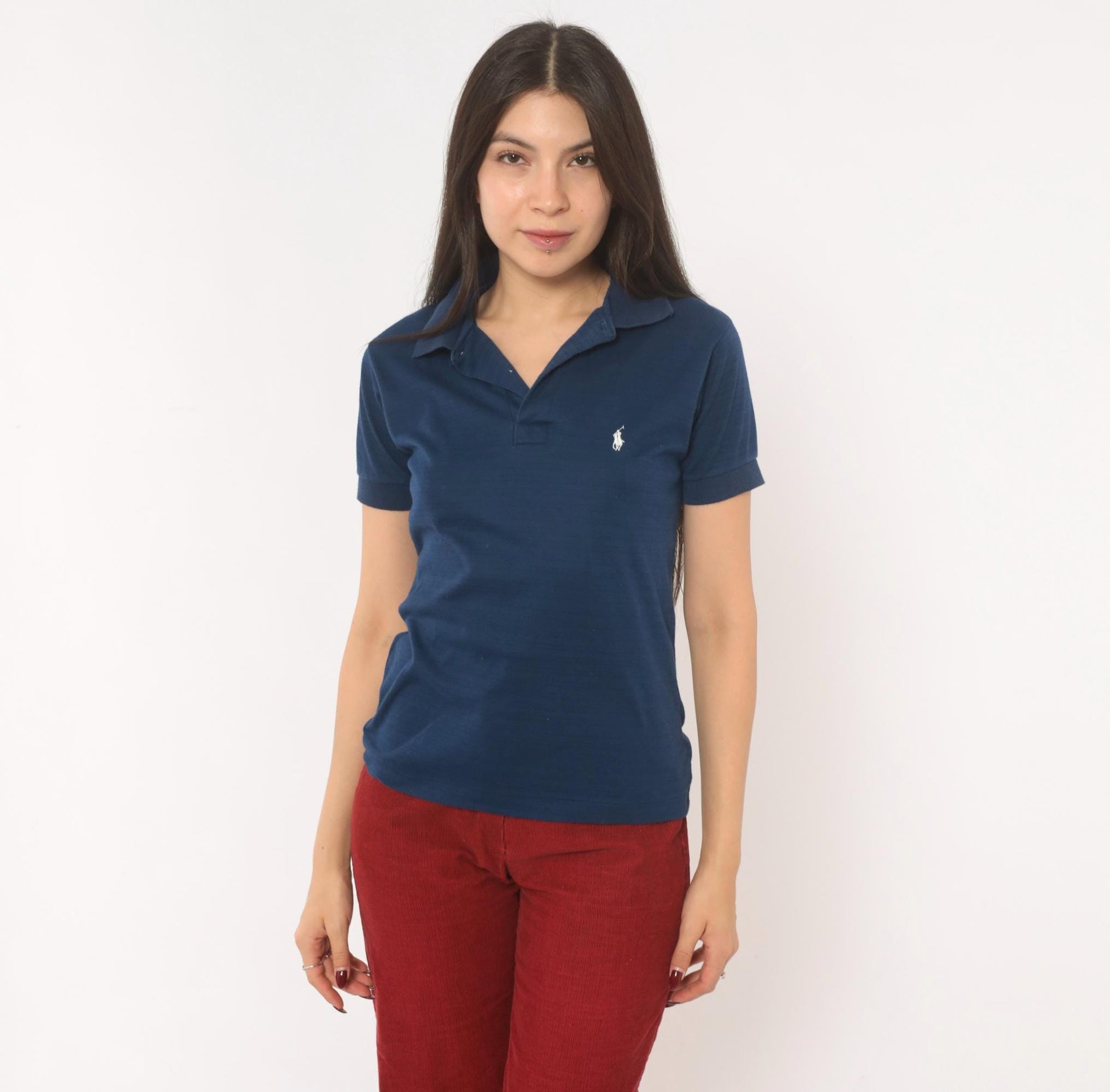 90s Ralph Lauren Polo Navy Cotton Short Sleeve V-Neck Shirt White Logo Extra Small XS