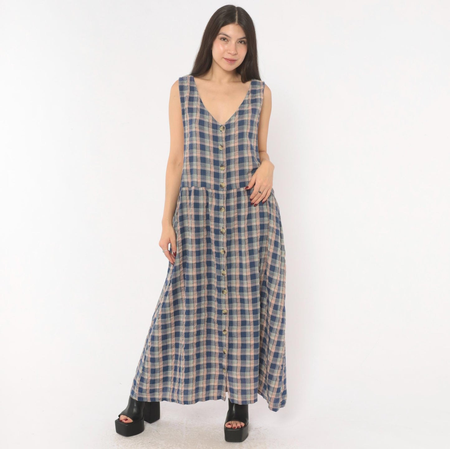 90s Lauren Brooke Plus Plaid Maxi Dress Button Front Cotton Blue Pink 1X