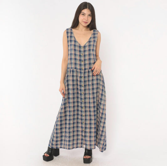 90s Lauren Brooke Plus Plaid Maxi Dress Button Front Cotton Blue Pink 1X