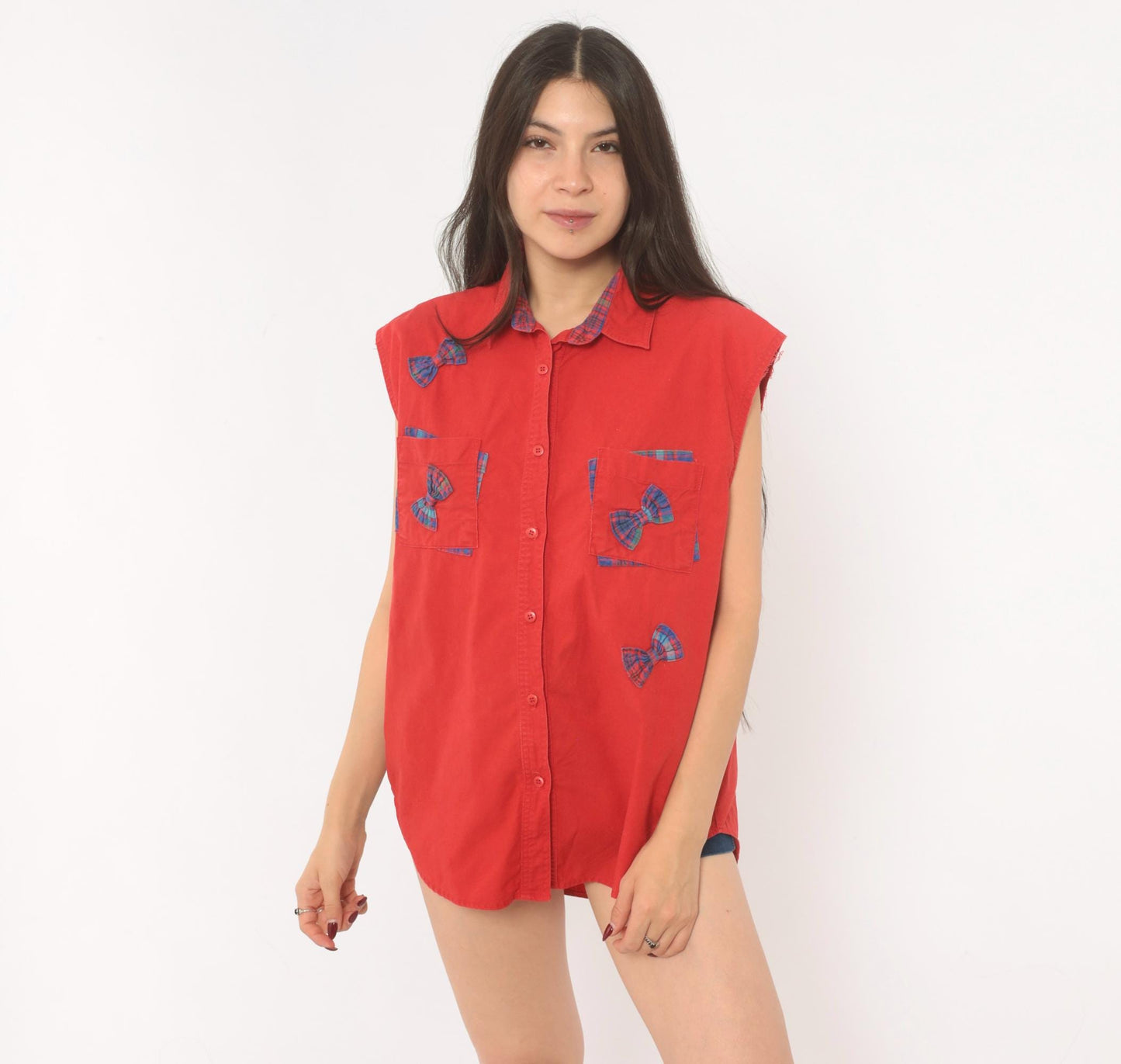90s Cricket by the Creek Red Plaid Bow Applique Sleeveless Blouse Large L
