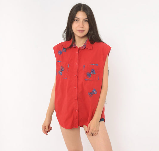 90s Cricket by the Creek Red Plaid Bow Applique Sleeveless Blouse Large L