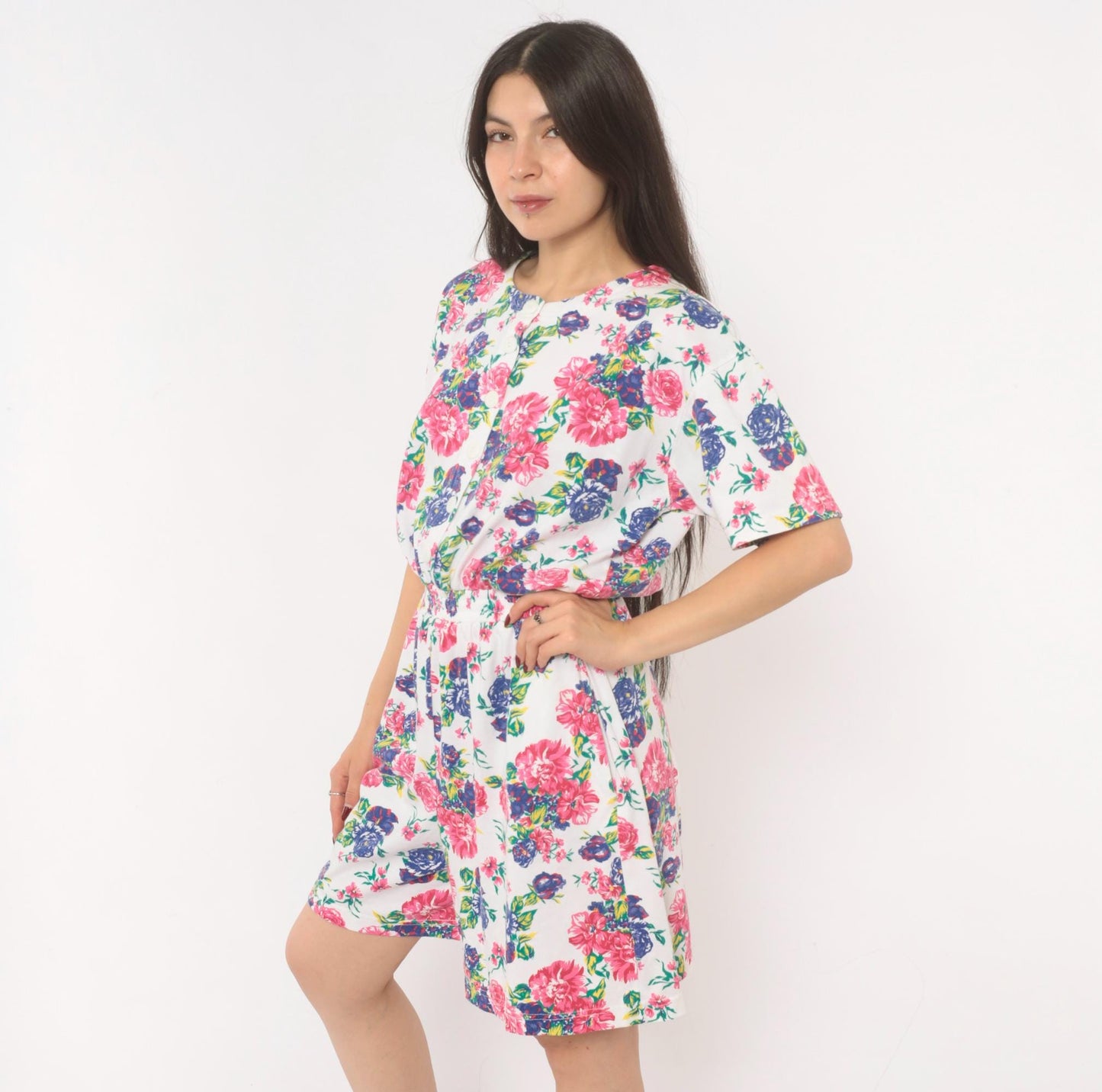 90s Jason Maxwell Floral Romper White Pink Rose Print Cotton Playsuit Medium