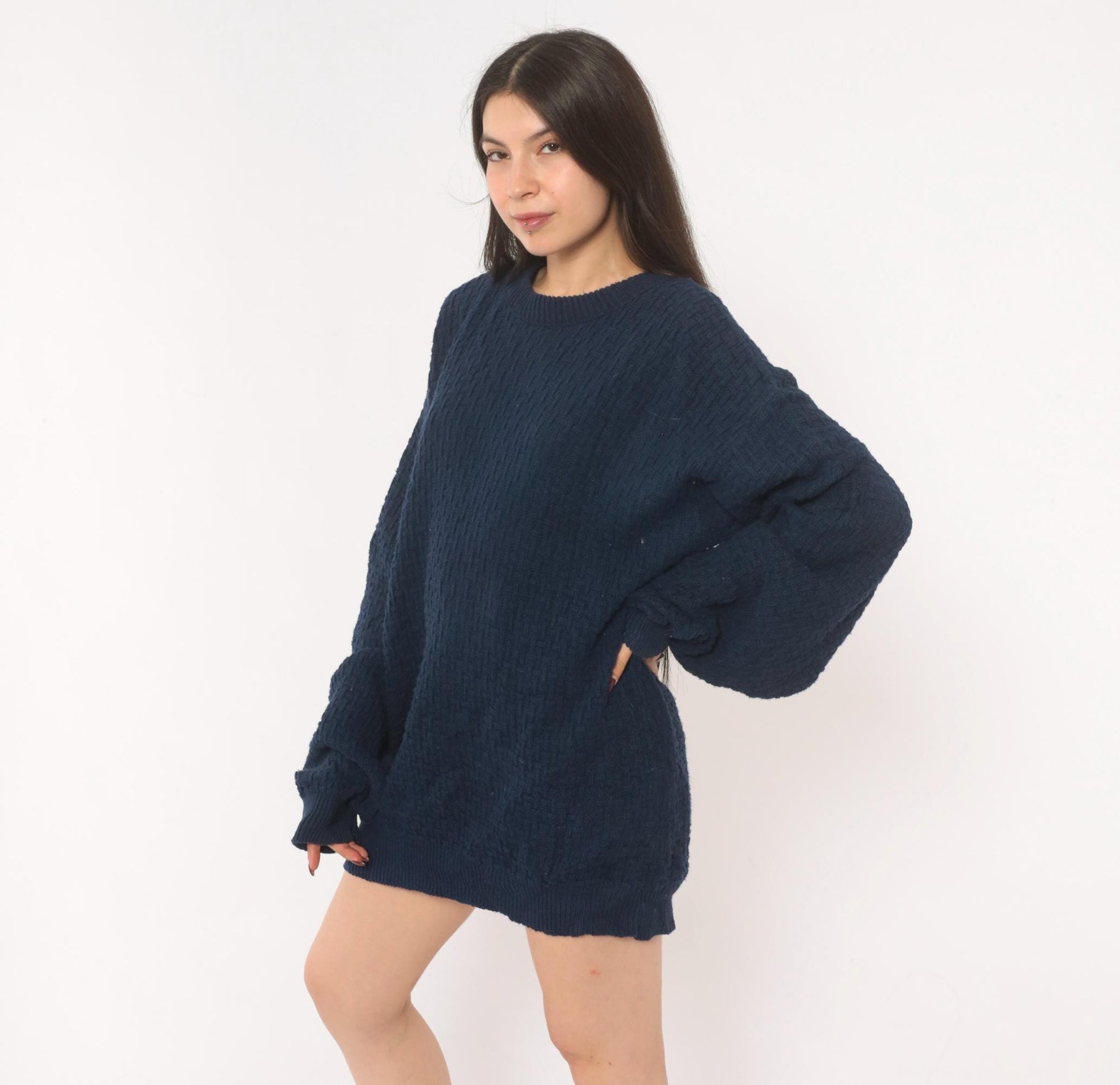 90s Van Heusen Navy Cable Knit Sweater Cotton Crewneck Pullover Large L