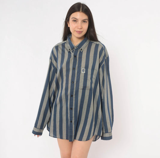80s Brittania Striped Button Down Navy Grey Vertical Stripe Shirt Plus Size XXL