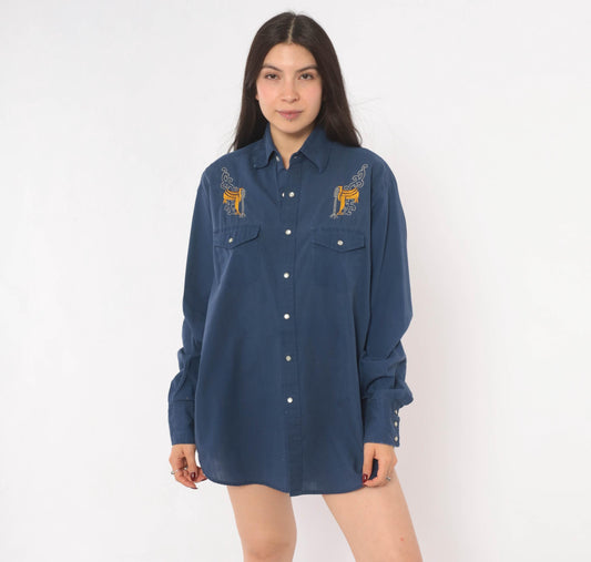 90s Blair Western Shirt Navy Pearl Snap Embroidered Saddle Mens Medium