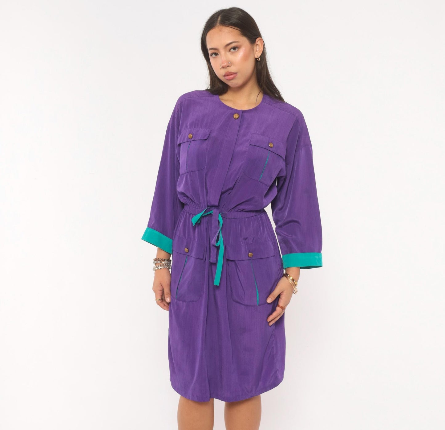 80s Leslie Fay Purple Safari Dress Knee-Length Utility Pockets Teal Trim Medium