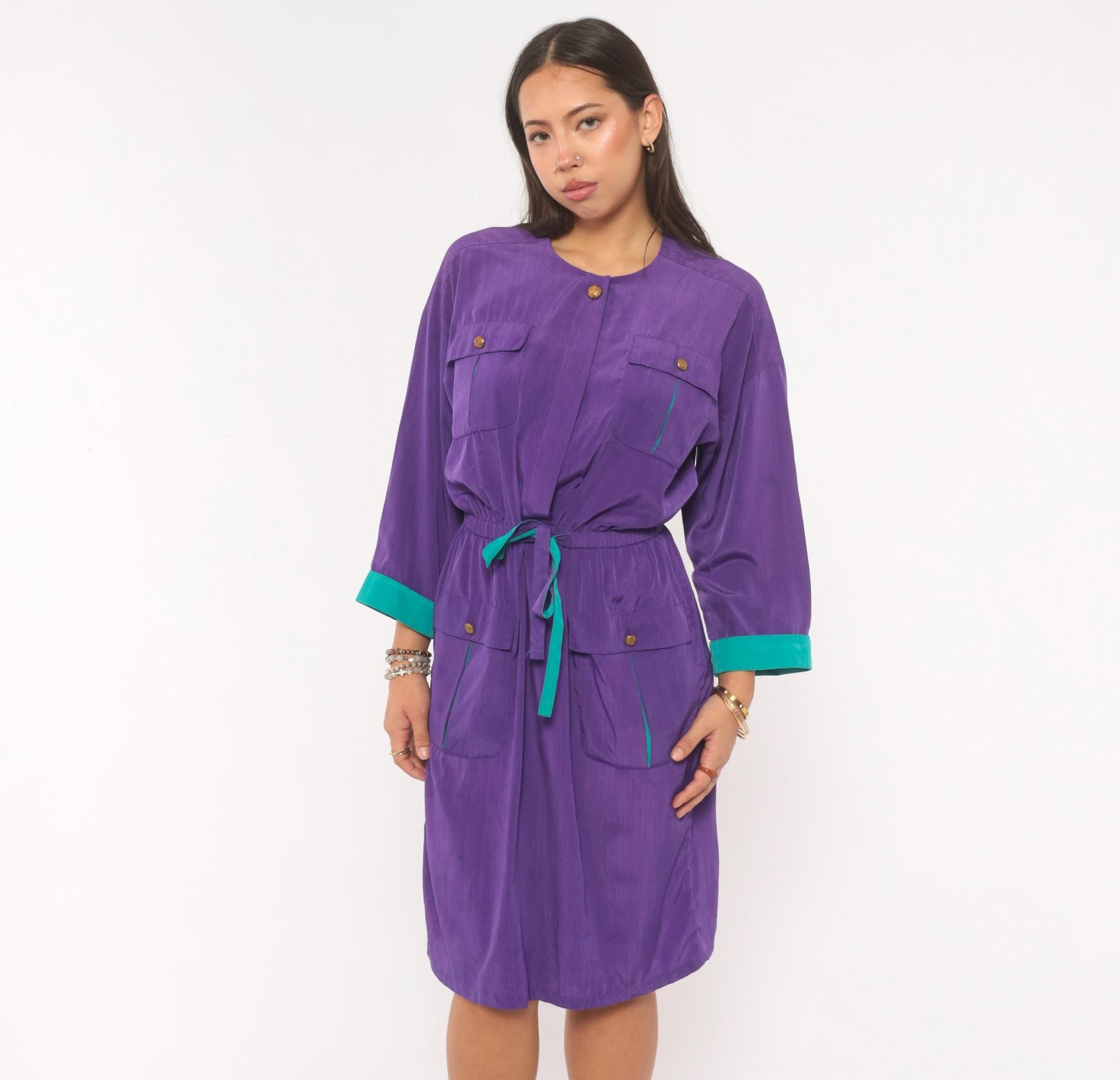 80s Leslie Fay Purple Safari Dress Knee-Length Utility Pockets Teal Trim Medium
