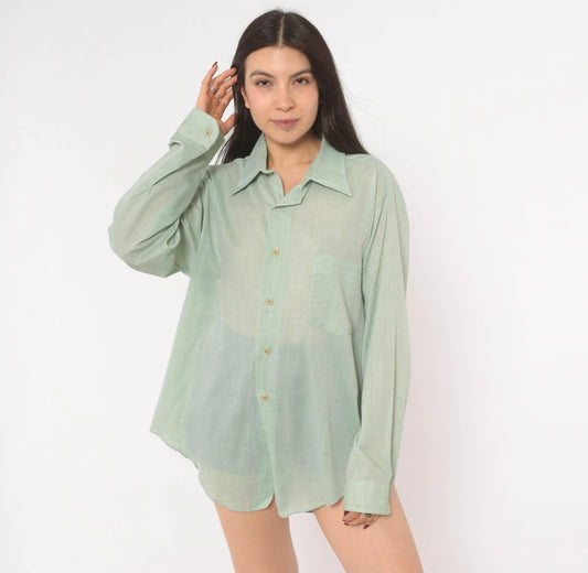 70s Sage Green Button-Up Shirt Camp Collar Semi-Sheer Cotton Long Sleeve XXL
