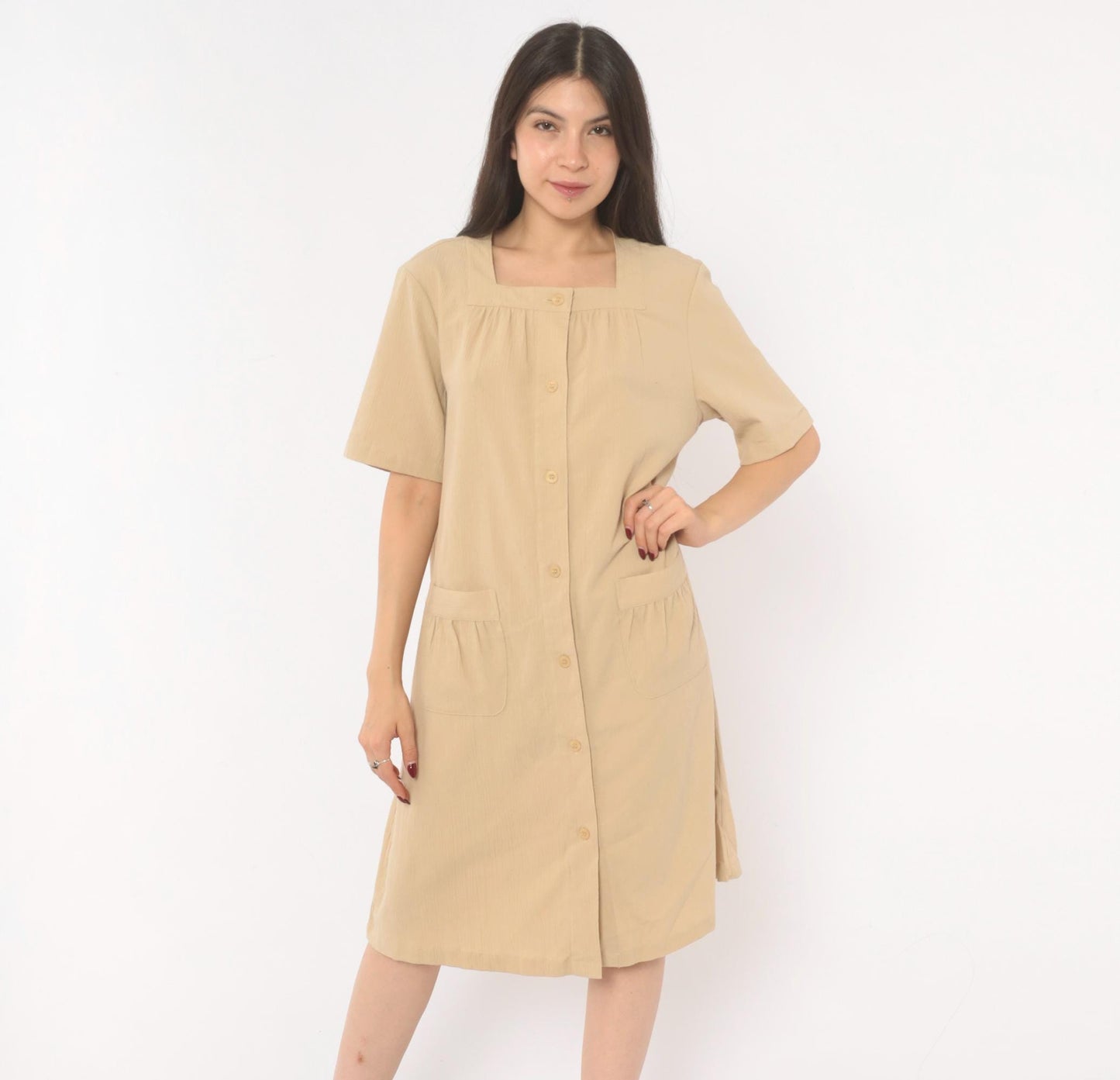 2000s The Tog Shop Petites Button Front Shift Dress Tan Square Neck Medium
