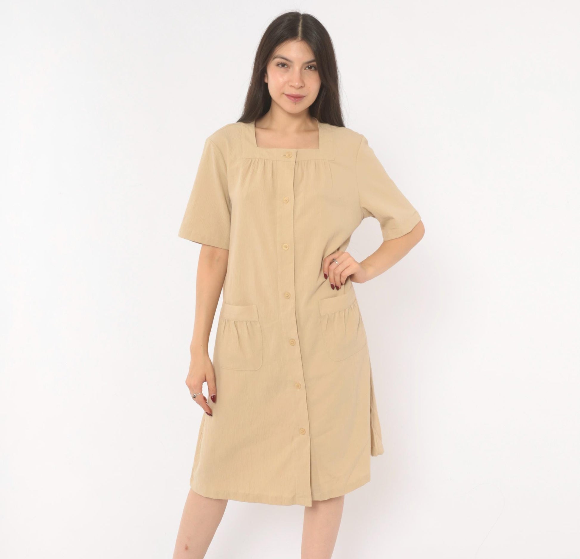 2000s The Tog Shop Petites Button Front Shift Dress Tan Square Neck Medium