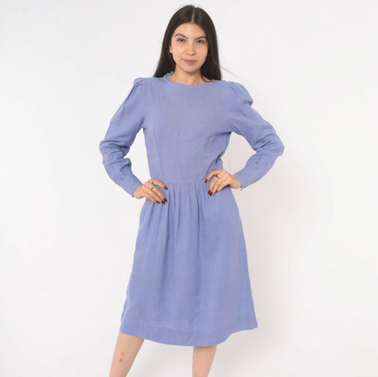 80s Lilac Linen Dress Puff Sleeve Button-Back Pleated Waist Small