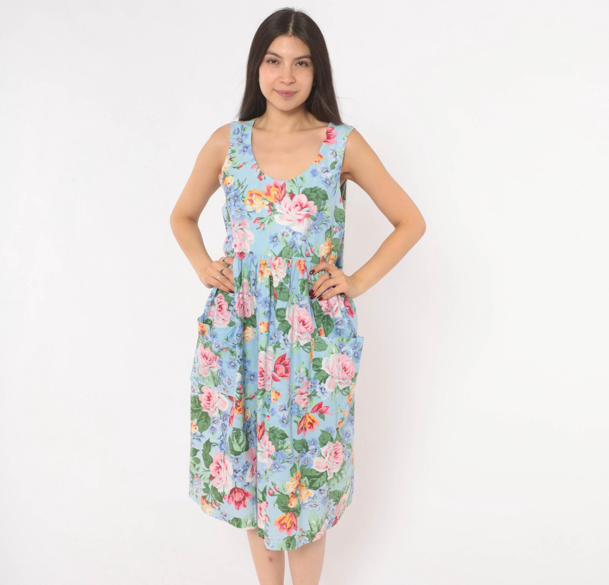 80s Sky Blue Floral Sundress Rose Print Scoop Neck Gathered Waist Medium