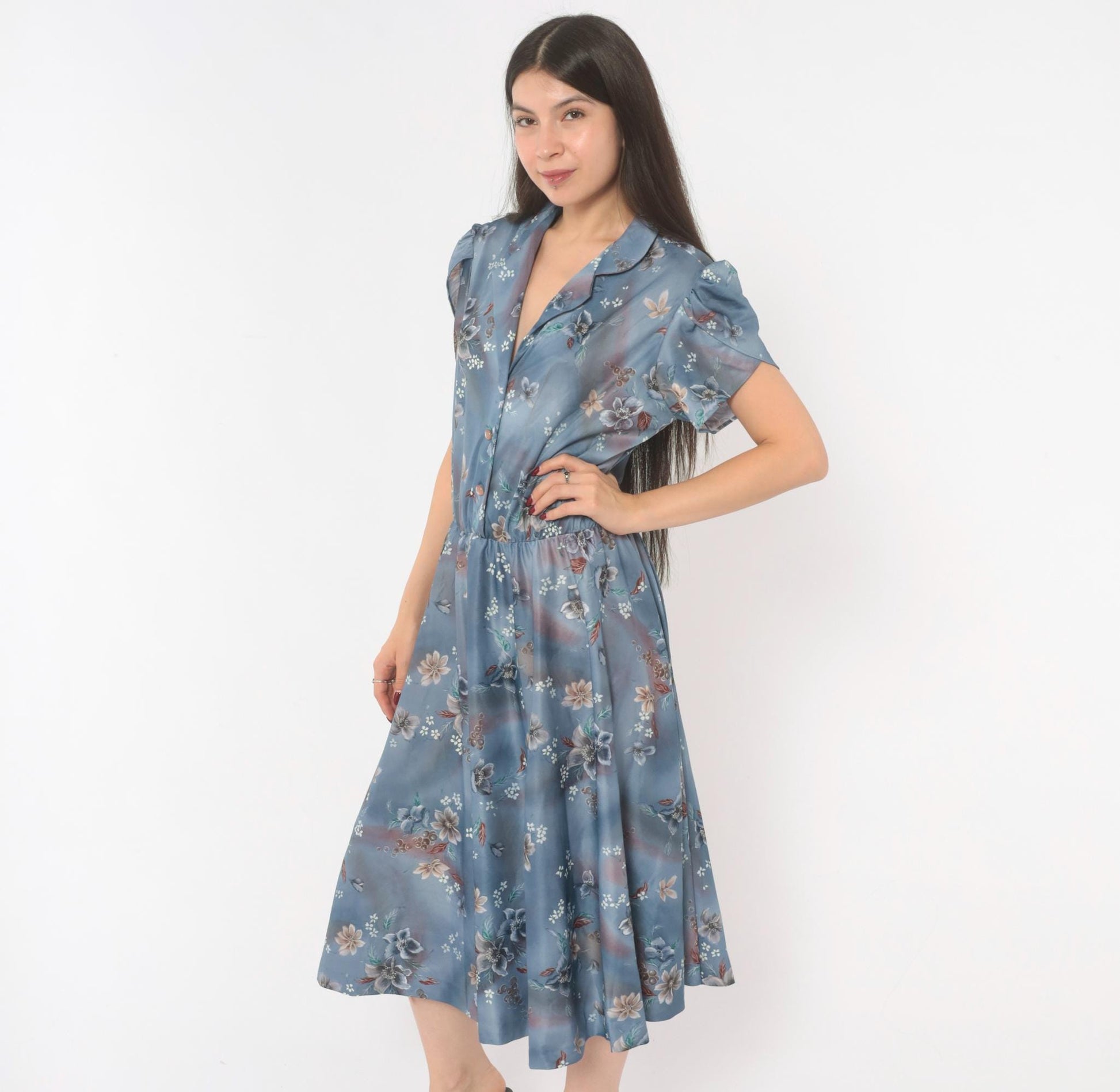 70s Slate Blue Floral Midi Shirtdress Puff Sleeve Notched Collar Large