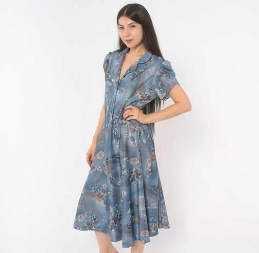 70s Slate Blue Floral Midi Shirtdress Puff Sleeve Notched Collar Large