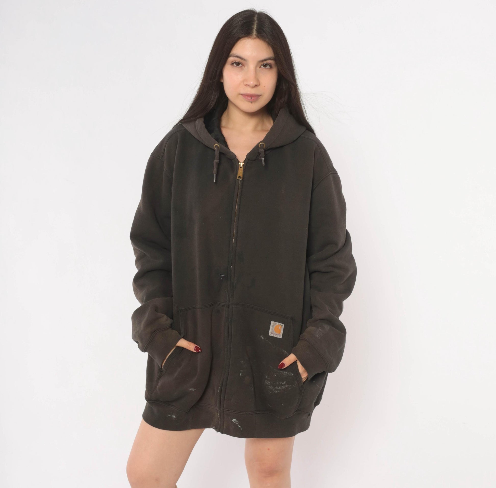 Y2K Carhartt Full Zip Hooded Sweatshirt Dark Brown Distressed XL