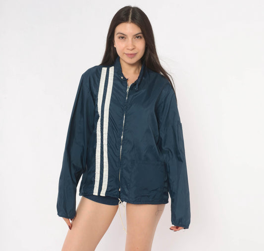 70s Sterling Pro Navy Windbreaker Racing Stripe Zip Jacket Small