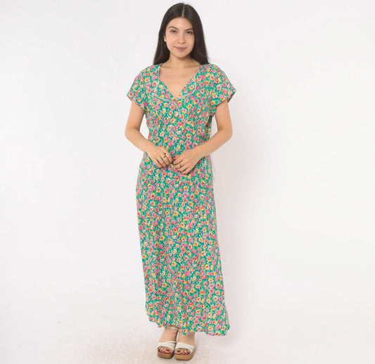 90s Hang Ten Floral Maxi Dress Green Pink Yellow V-Neck Wrap Bodice Large L