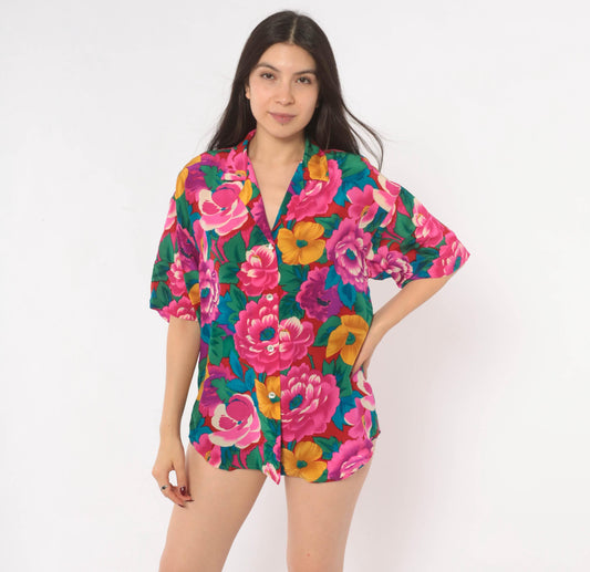 90s Heléne Sidel Silk Camp Collar Shirt Floral Fuchsia Small