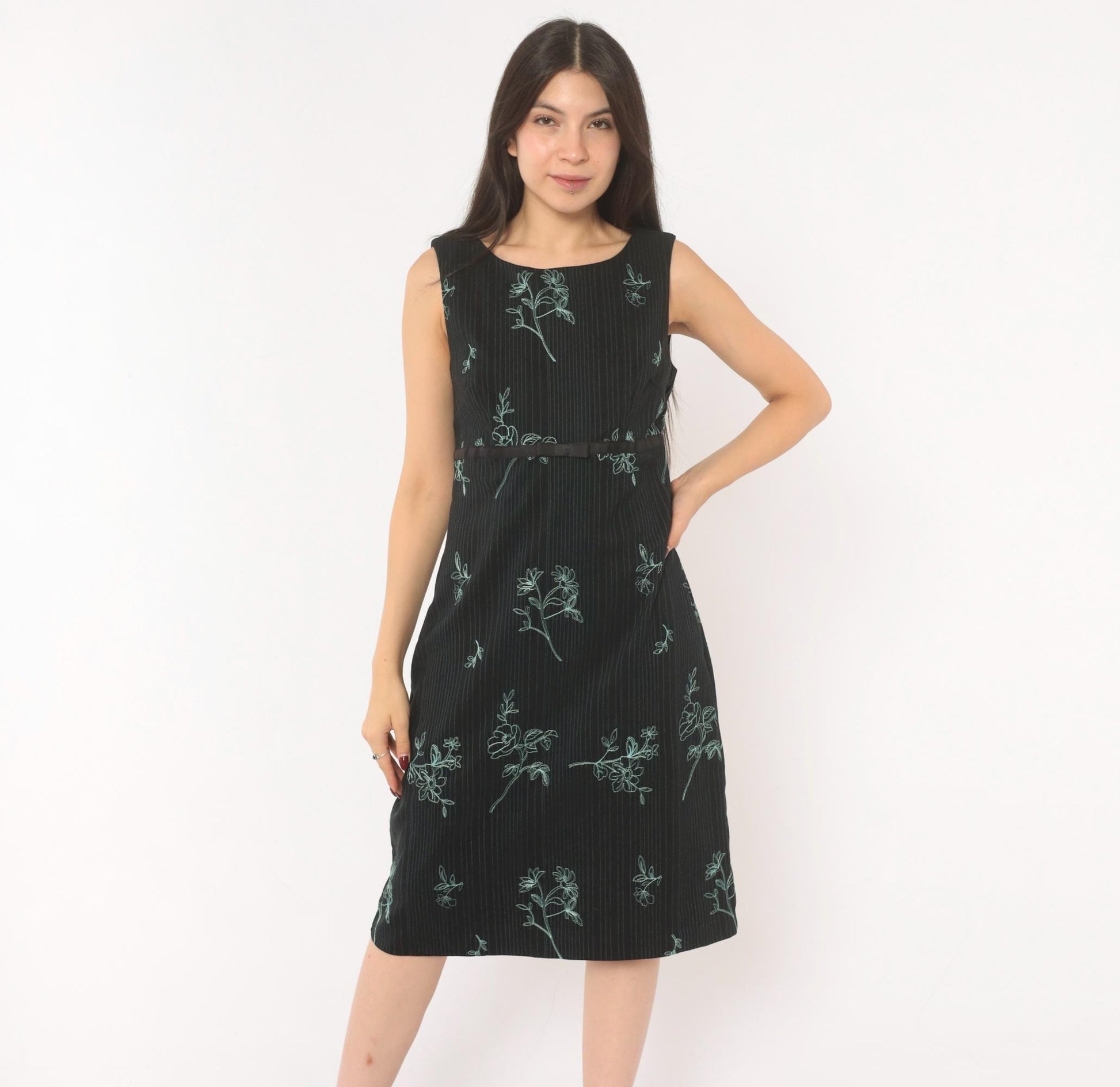 90s Rabbit Black Floral Embroidered A-Line Dress Blue Pinstripe Medium M