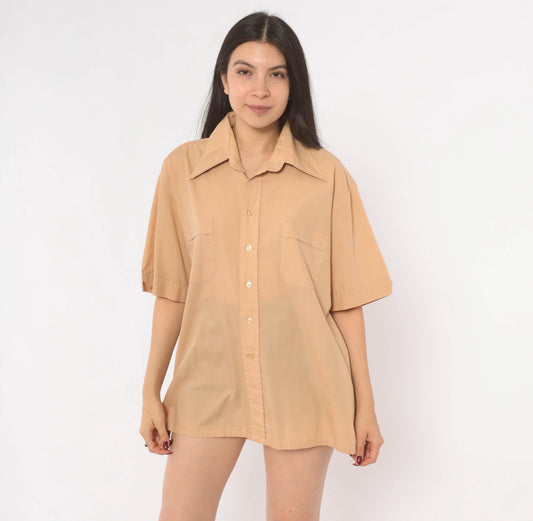 70s JC Penney Tan Button Front Camp Collar Shirt Short Sleeve Large