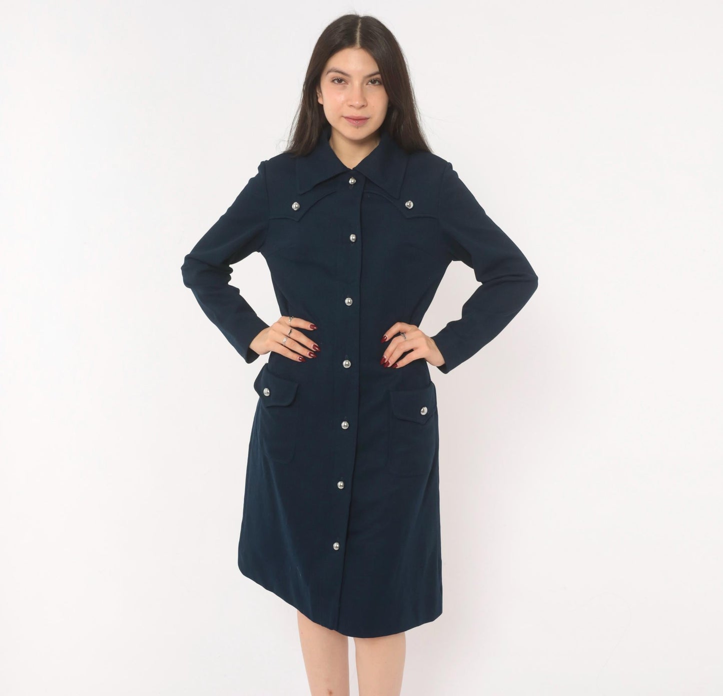 70s R & K Originals Navy Coat Dress Western Yoke Silver Buttons Medium