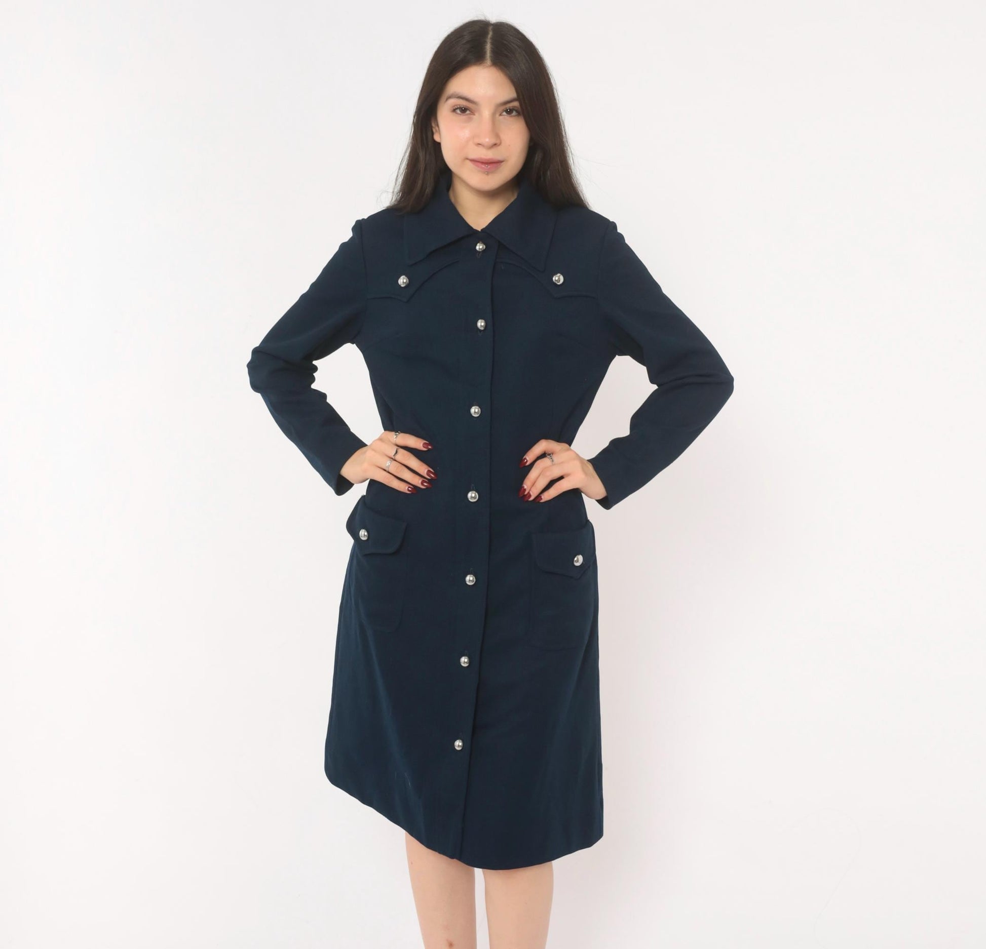 70s R & K Originals Navy Coat Dress Western Yoke Silver Buttons Medium