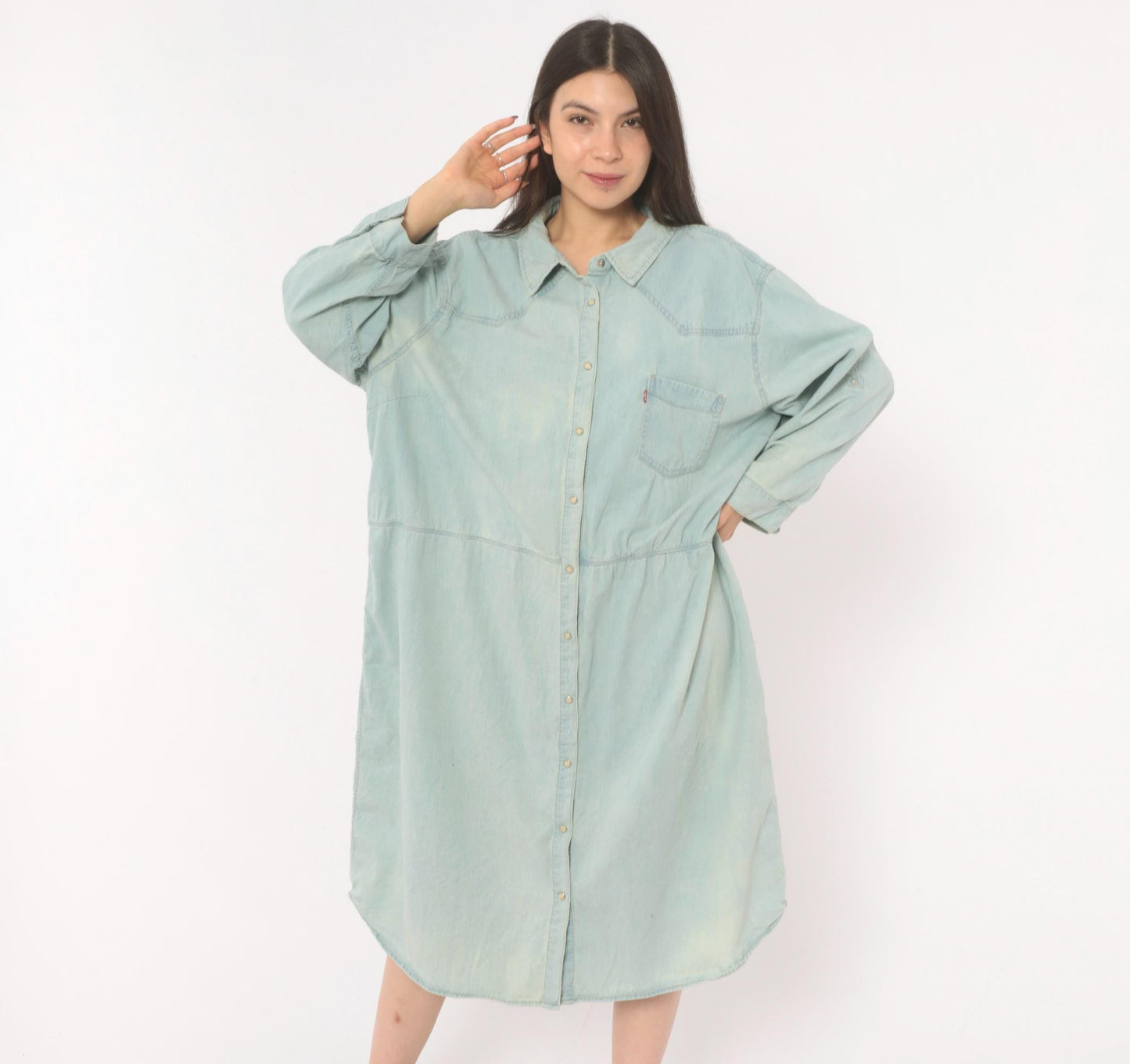 00s Levis Light Wash Denim Shirt Dress Western Yoke Midi Cotton Plus Size 3XL