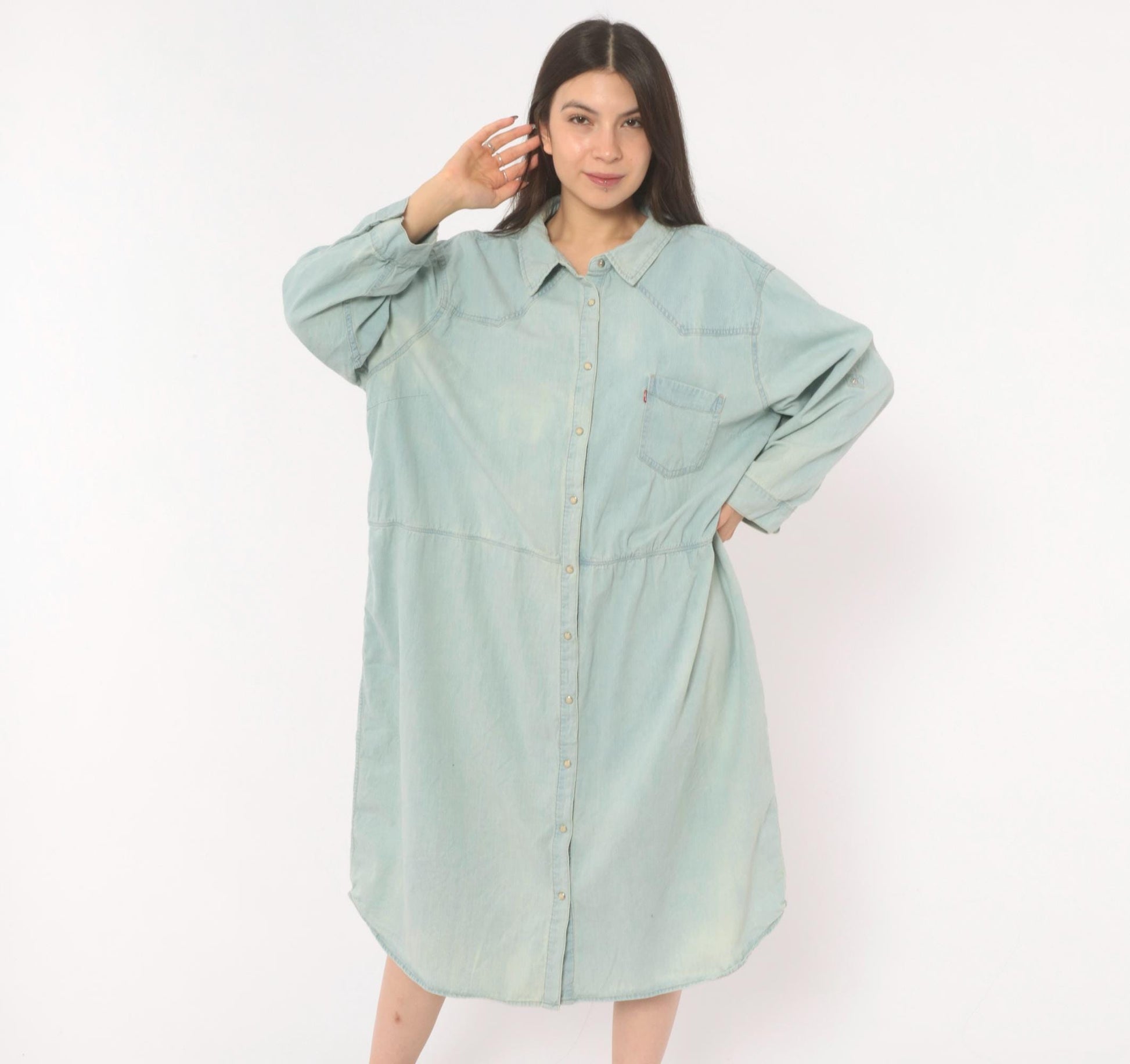 00s Levis Light Wash Denim Shirt Dress Western Yoke Midi Cotton Plus Size 3XL