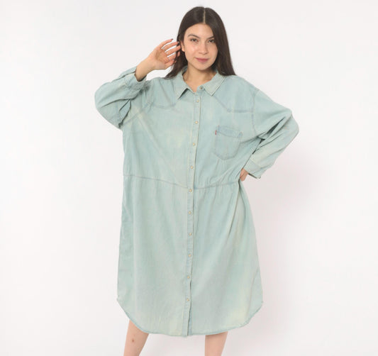 00s Levis Light Wash Denim Shirt Dress Western Yoke Midi Cotton Plus Size 3XL