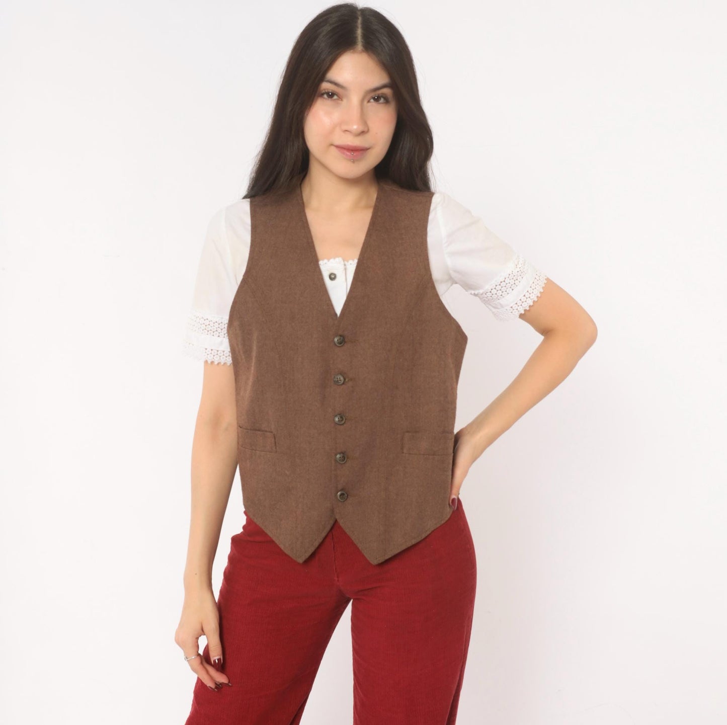 70s Angels Flight Wool Herringbone Vest Brown V-Neck Button Front Small S