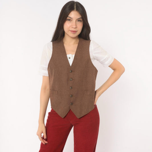 70s Angels Flight Wool Herringbone Vest Brown V-Neck Button Front Small S