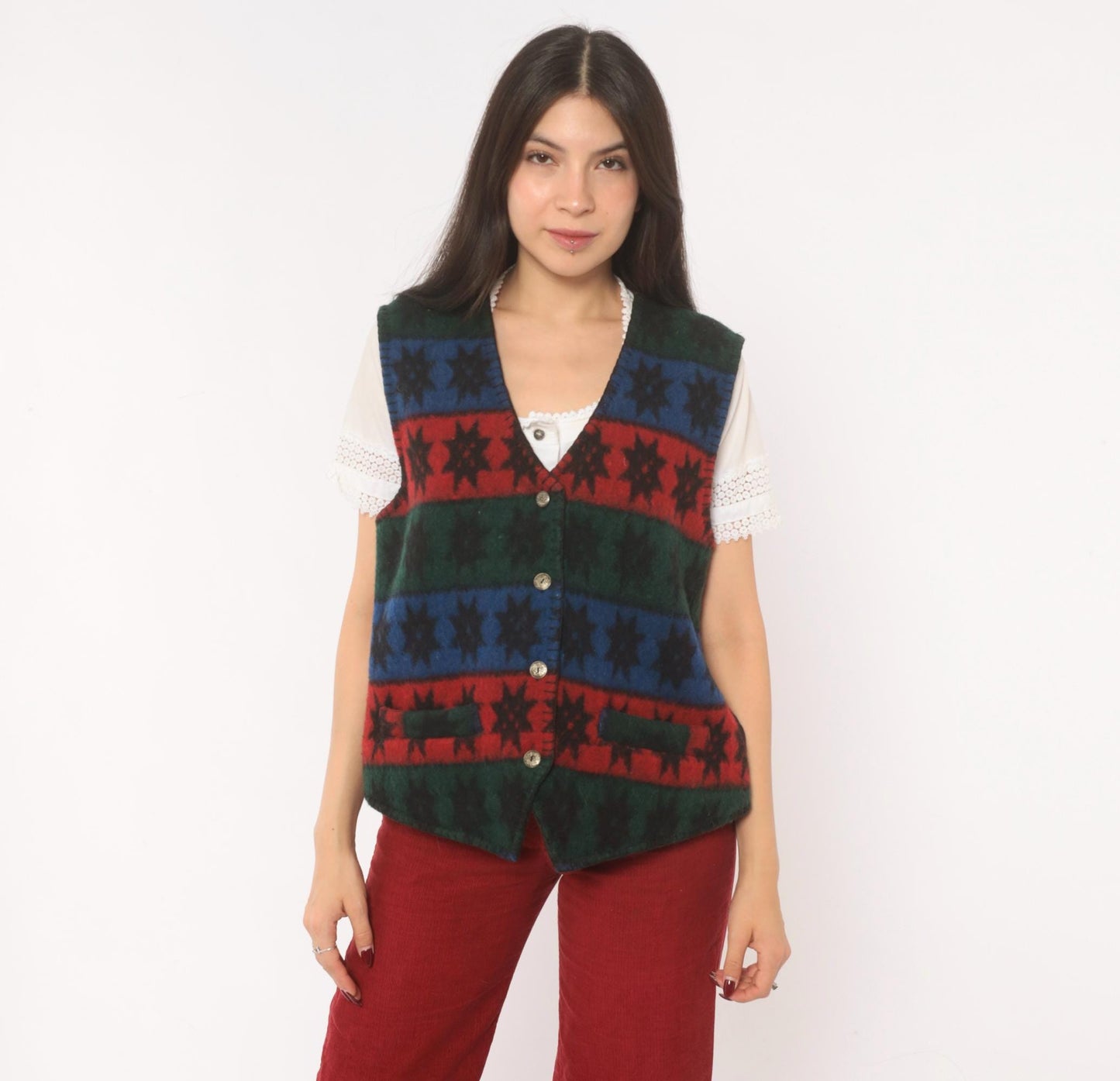 90s Erika Wool Vest Star Pattern Striped Navy Burgundy Forest Green Medium M