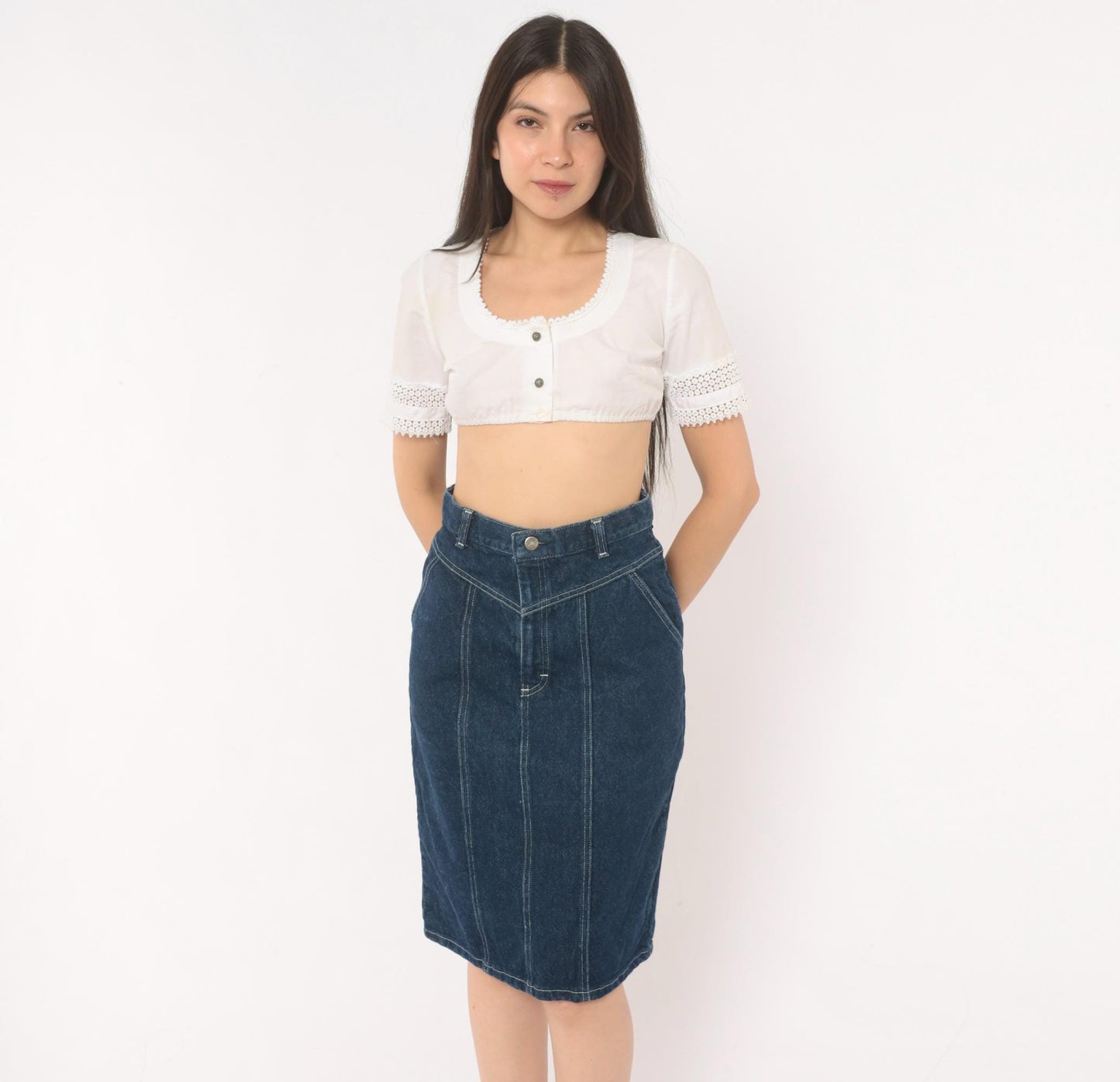 80s Cheryl Tiegs Denim Pencil Skirt High Waist Dark Wash Western Yoke Small S