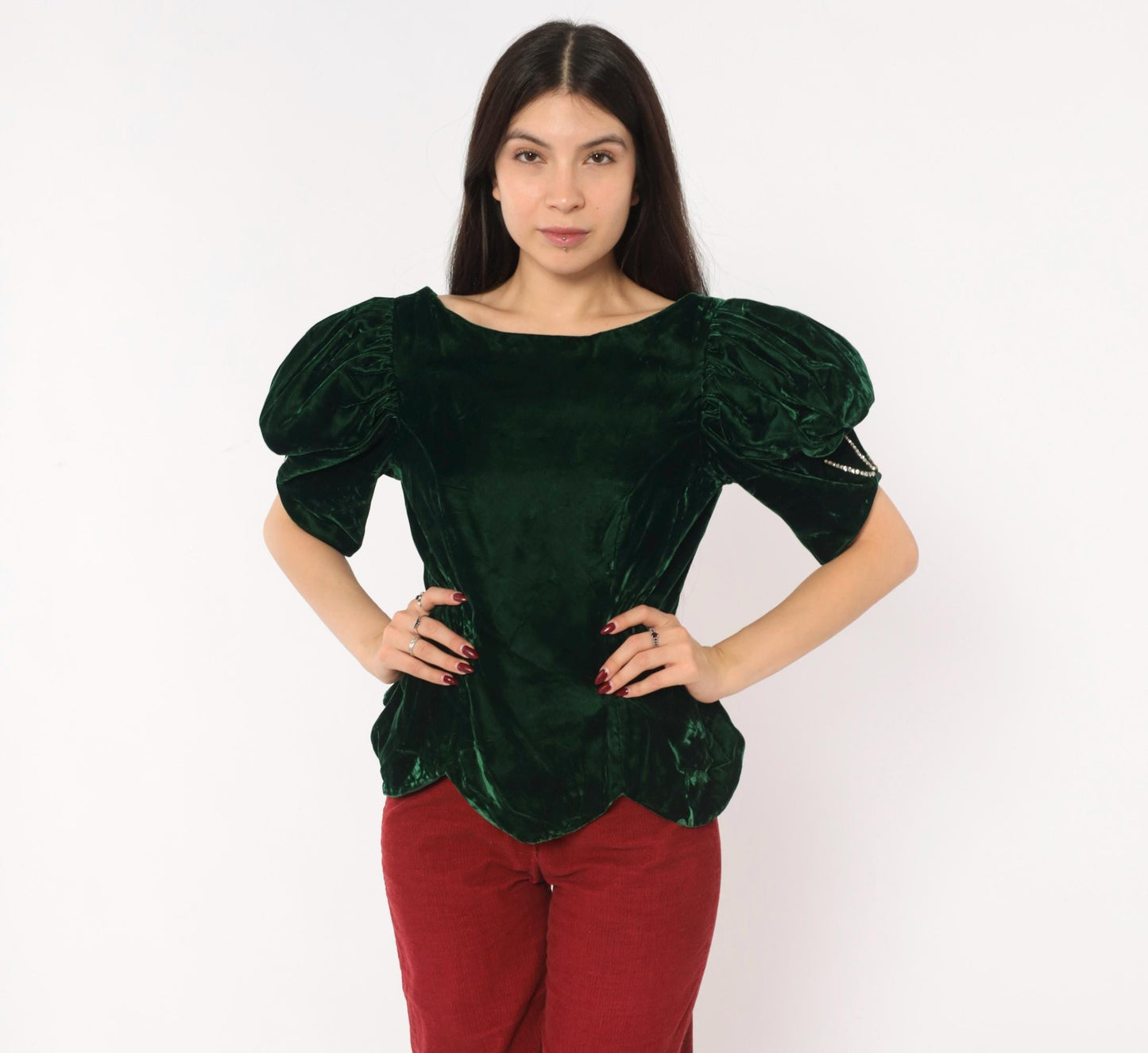 80s Emerald Velvet Puff Sleeve Blouse Forest Green Bow Back Rhinestone Medium