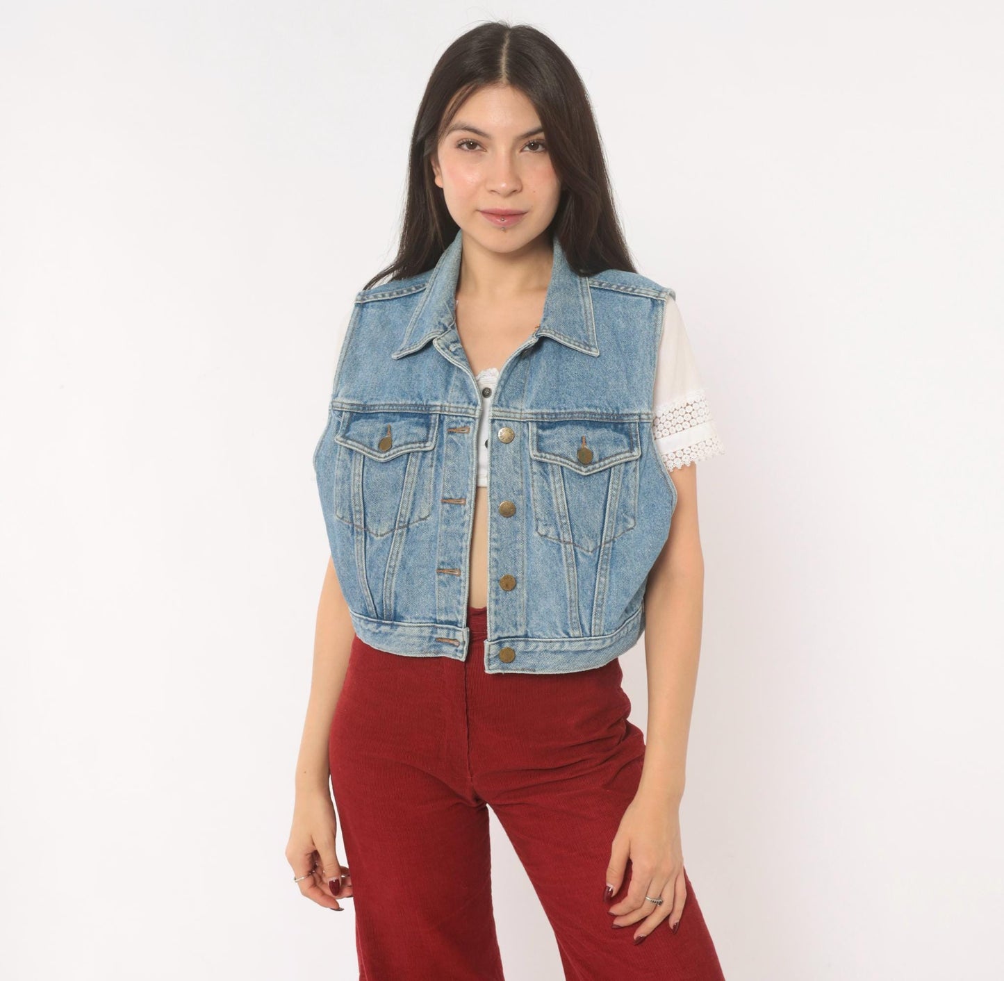 90s Karen Kane Light Blue Denim Vest Cropped Button Front Small S