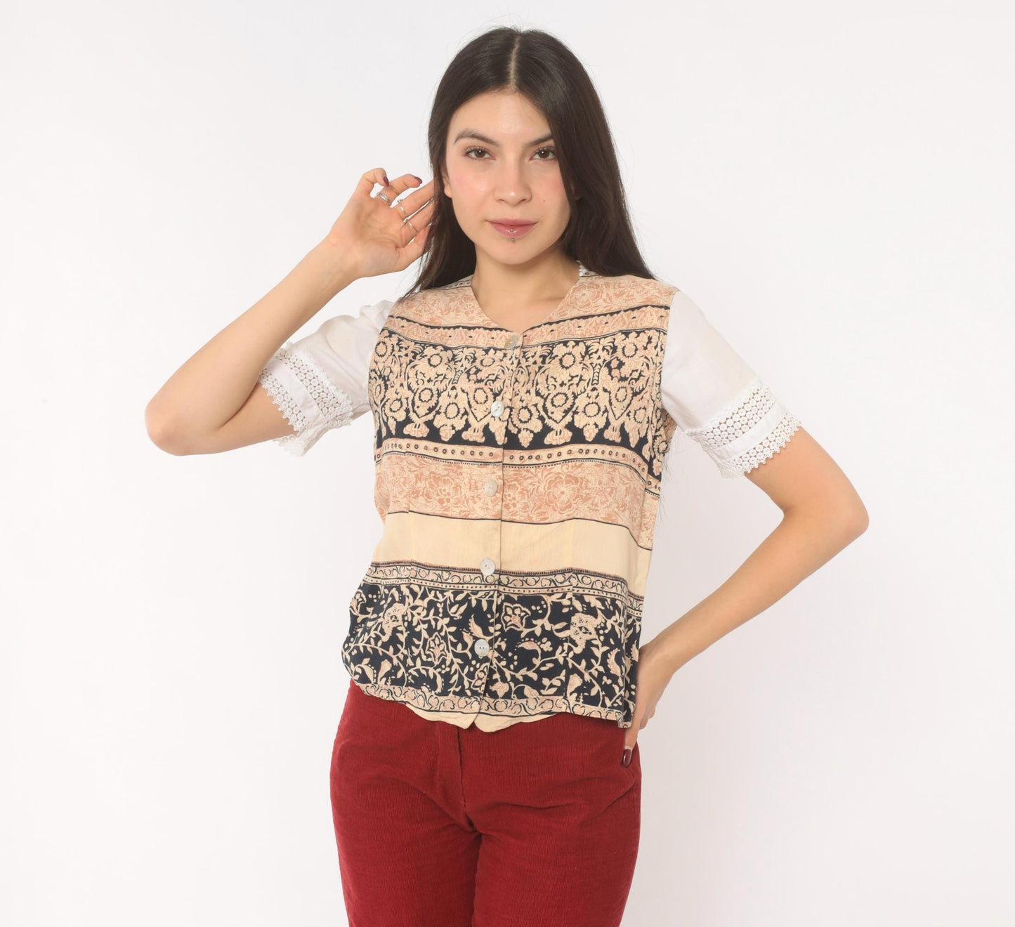 90s L'Amadei Block Print Vest Cream Navy Floral Damask Small S