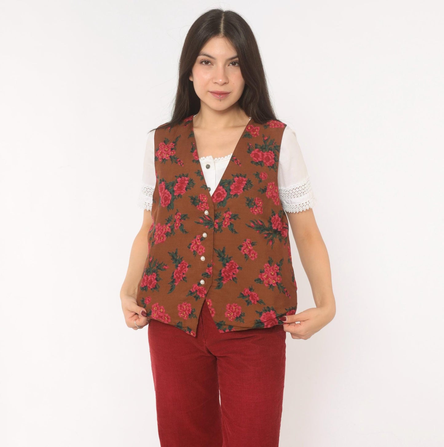 90s Karen Scott Floral Vest Brown Pink Rose Button Front Tie Back Small