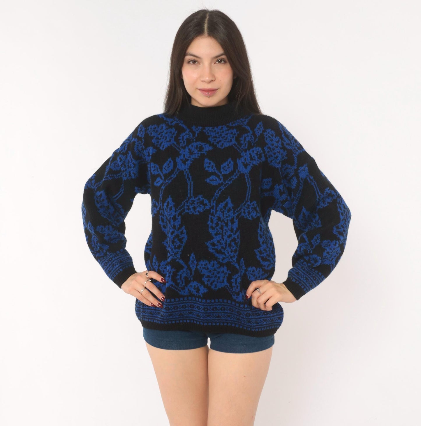 80s Jamie Scott Floral Knit Sweater Black Blue Rose Jacquard Medium