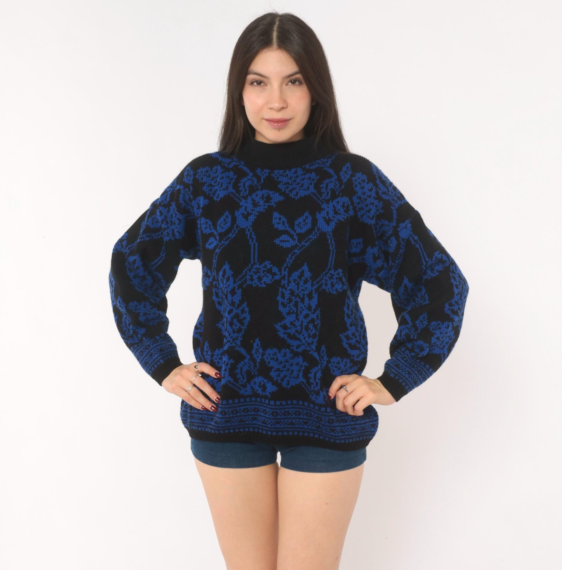 80s Jamie Scott Floral Knit Sweater Black Blue Rose Jacquard Medium