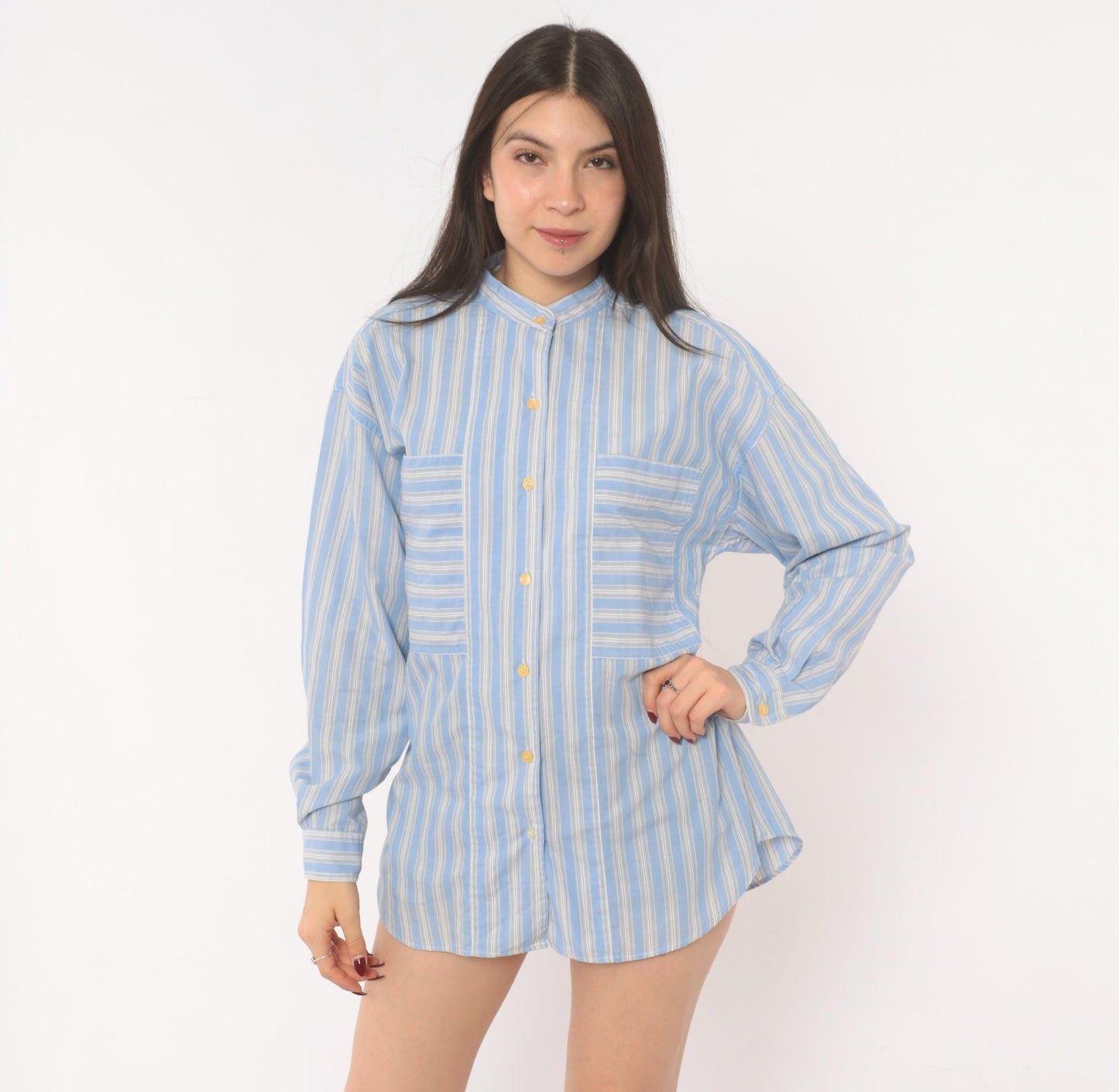 90s Gap Blue White Striped Shirt Band Collar Cotton Blouse Medium M