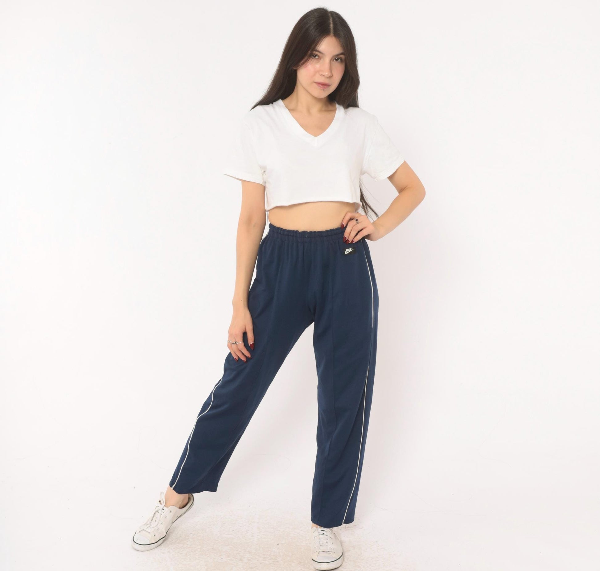 2000s Nike Navy Track Pants White Piping Straight Leg Extra Small XS