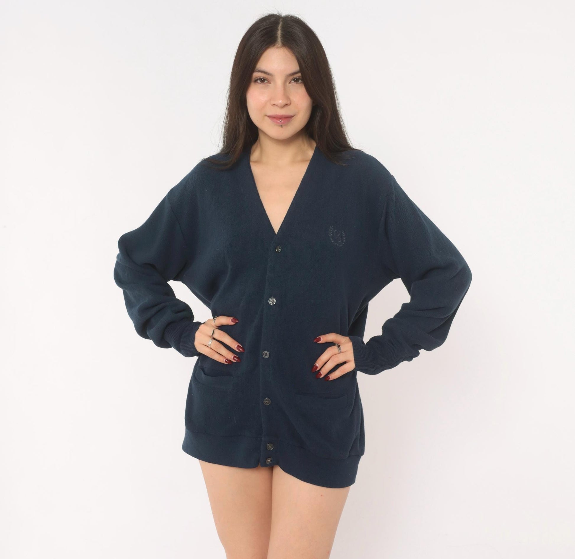 Geoffrey Beene Navy Cardigan V-Neck Button Front Knit Sweater Medium M