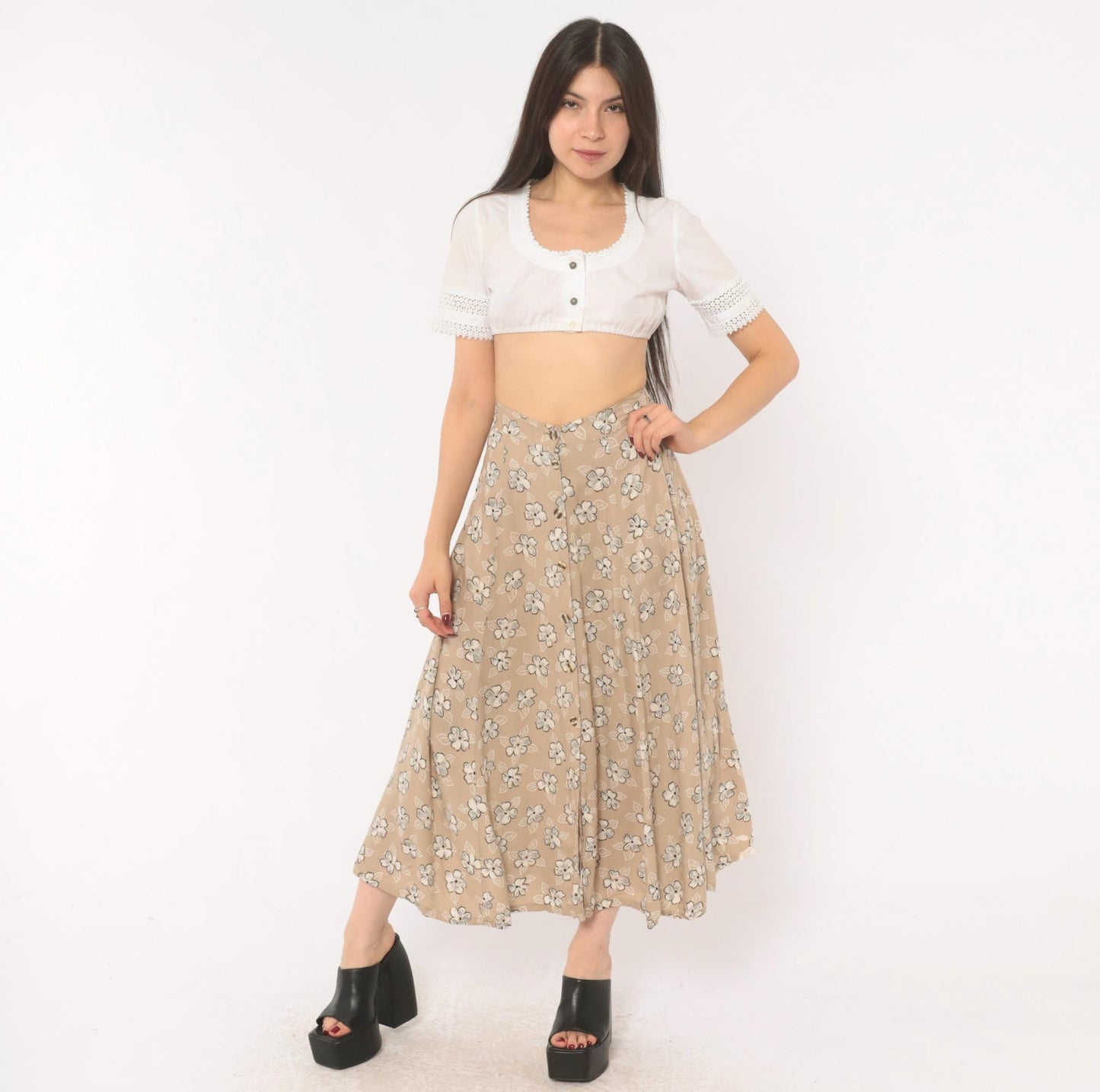 90s Tan Floral Maxi Skirt A-Line Button Front Elastic Waist Medium