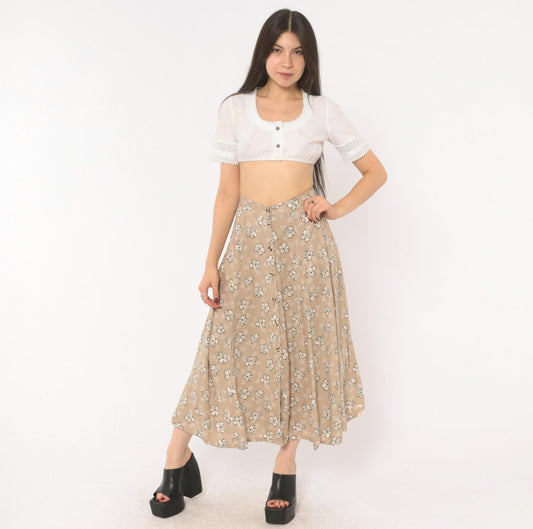 90s Tan Floral Maxi Skirt A-Line Button Front Elastic Waist Medium