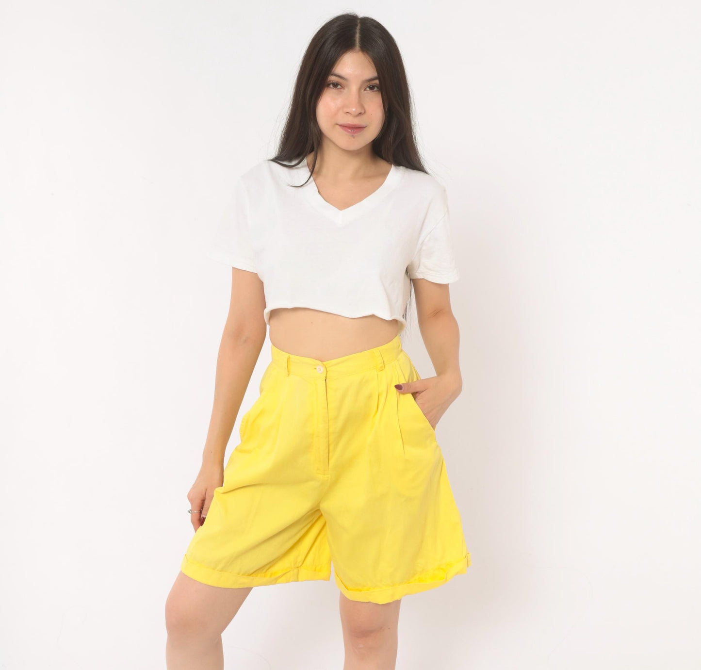 80s Jaclyn Smith Butter Yellow Pleated Bermuda Shorts High Waist Cotton Extra Small XS