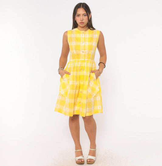 60s Yellow White Gingham Cotton Sundress Button Front Pleated Knee Length Extra Small