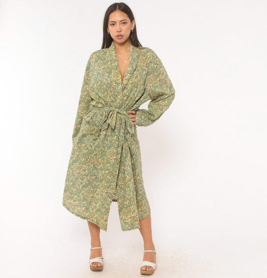 70s Paisley Wrap Robe Cream Teal Cotton Tie Waist Kimono Duster Extra Large XL