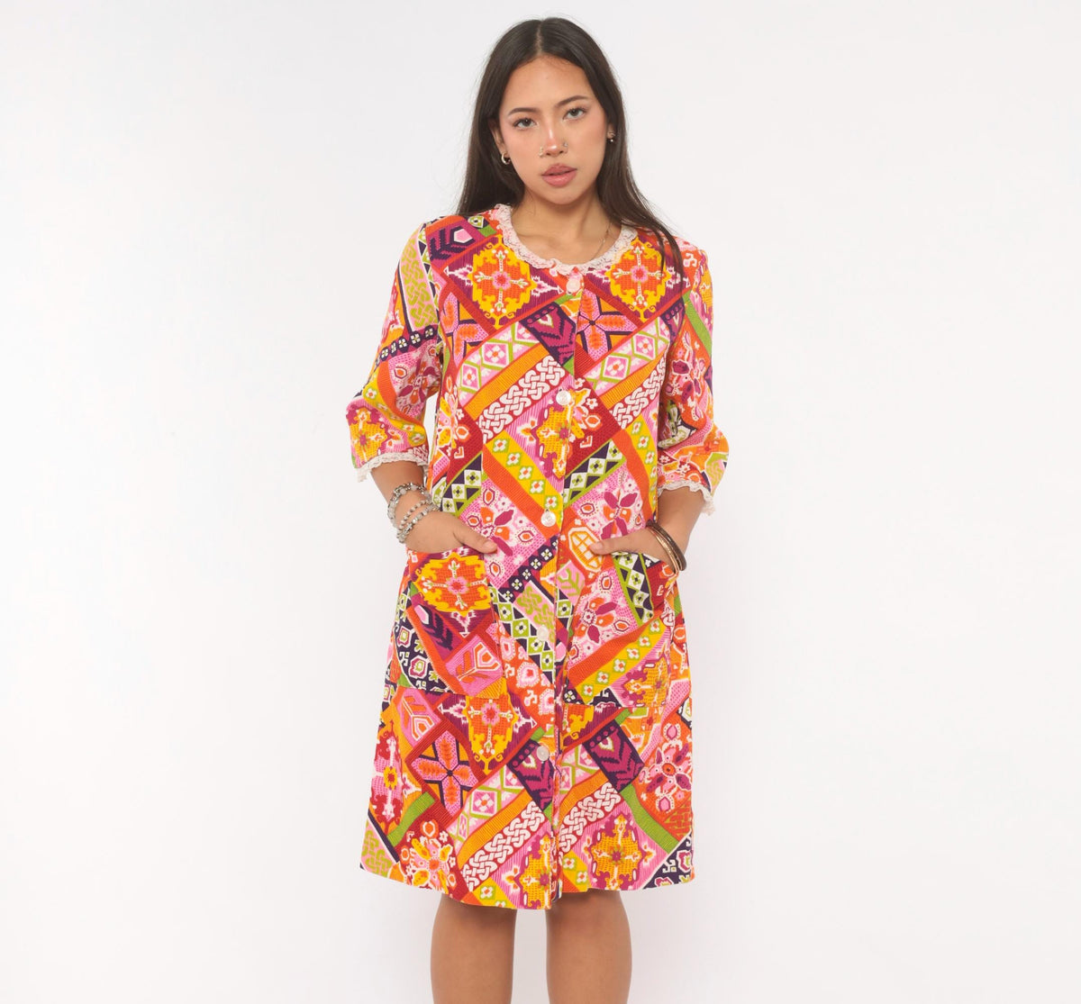 1970s Patchwork Button Front Shift Dress Knee Length Cotton Multicolor Medium M